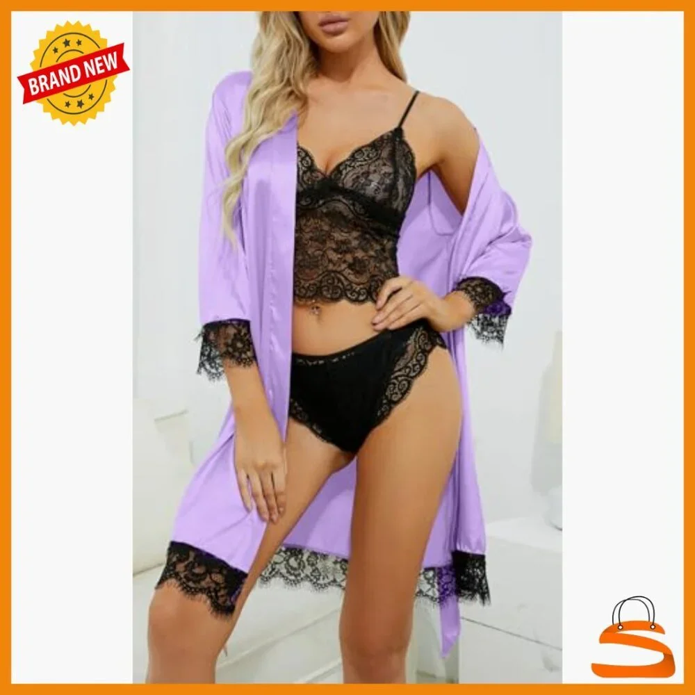 Satin Floral Lace Trim Cami Pajama Set with Robe, 4-Piece Sleepwear